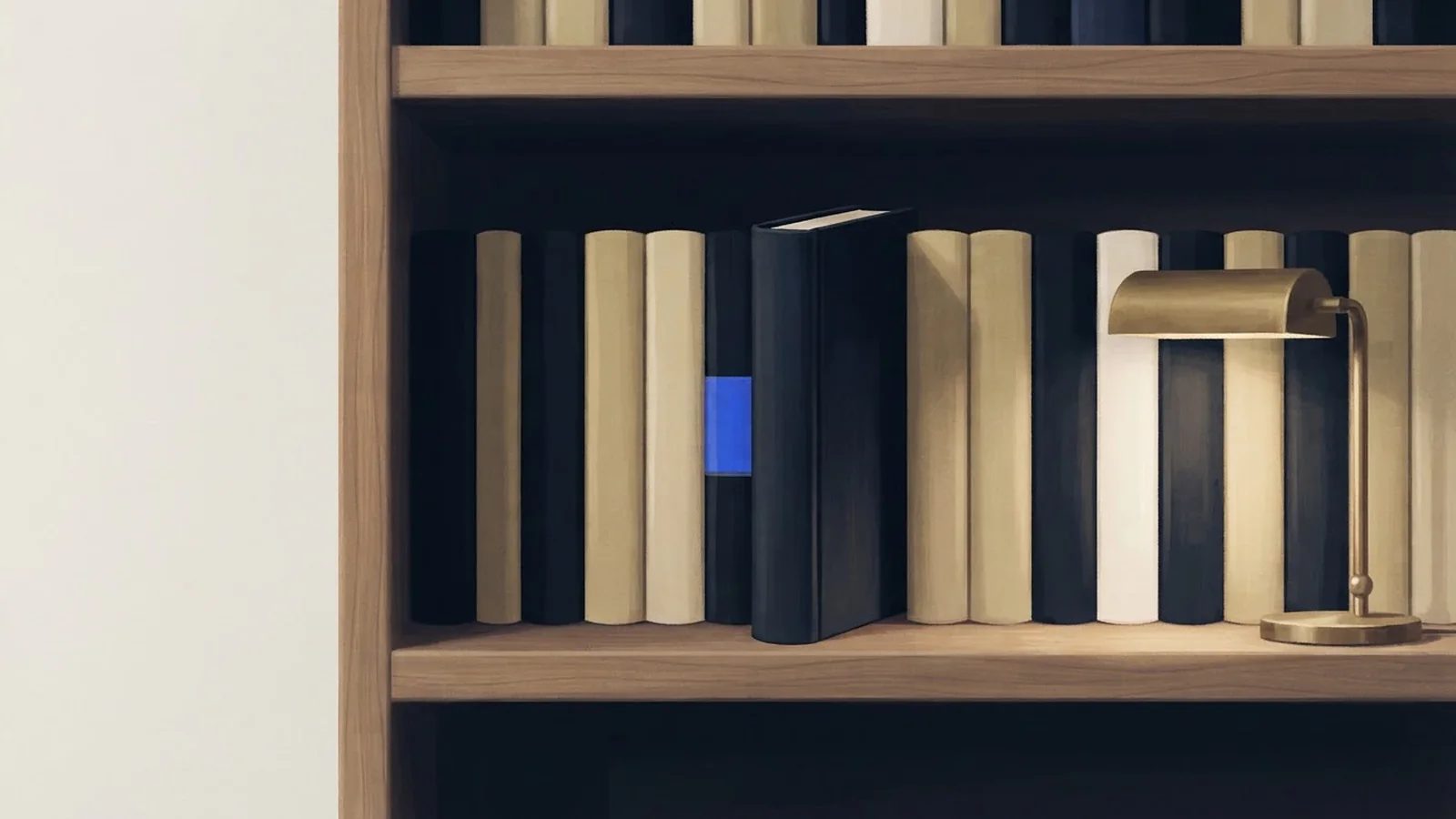 Illustration: a row of matching hardbound books with plain spines on a wooden shelf, one pulled forward, beside a brass lamp.