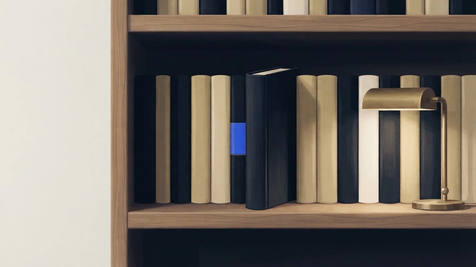 Illustration: a row of matching hardbound books with plain spines on a wooden shelf, one pulled forward, beside a brass lamp.