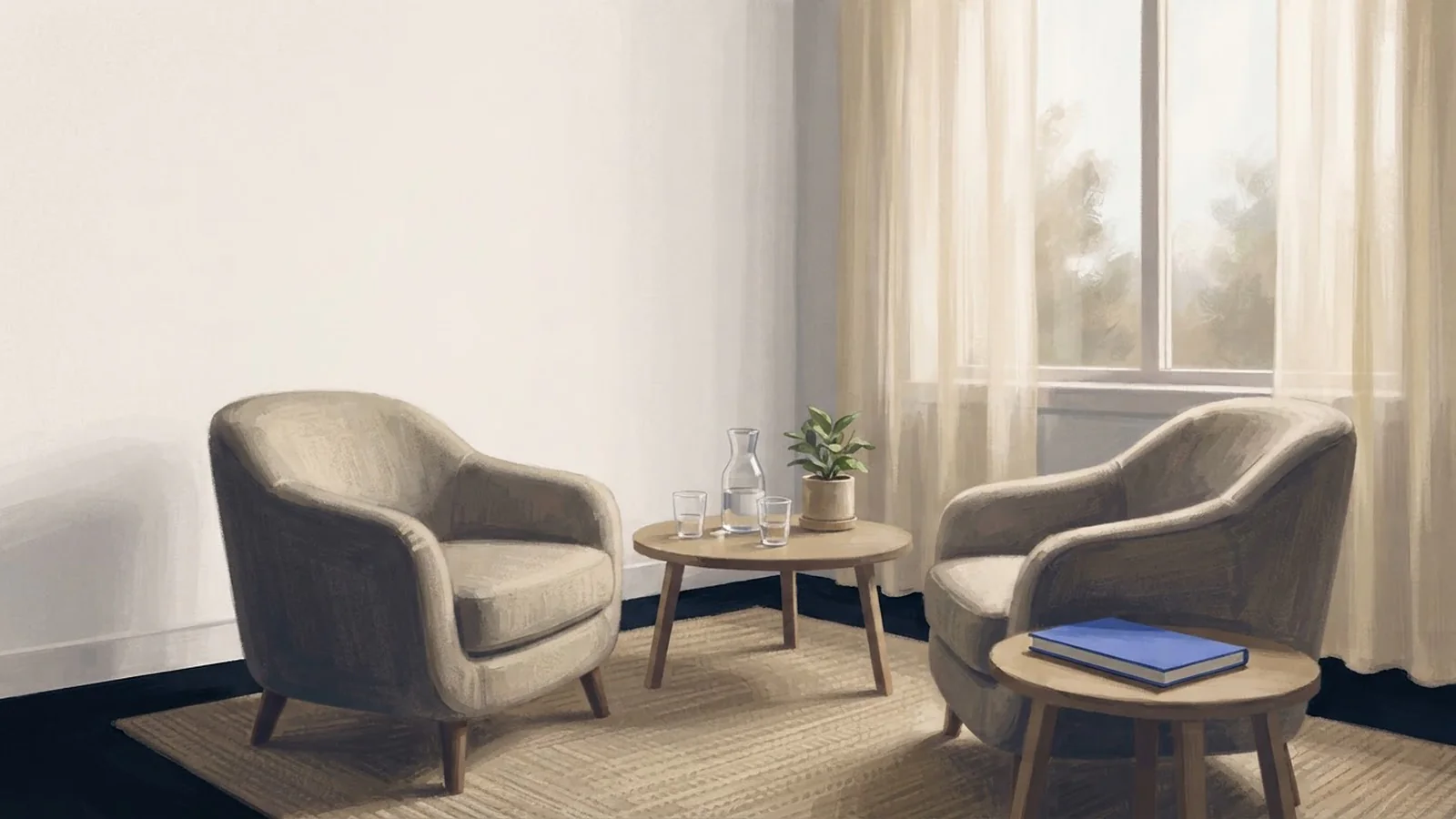 Illustration: two armchairs angled toward each other across a low table with a water carafe, two glasses and a small plant.