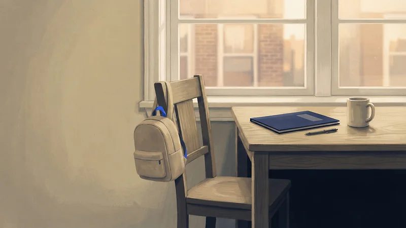 Illustration: a child's backpack on a kitchen chair beside a table with a closed navy folder, a pen and a mug in warm light.