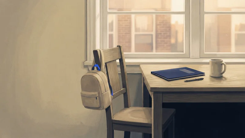 Ilustración: una mochila infantil en una silla de cocina junto a una mesa con una carpeta azul, un bolígrafo y una taza.