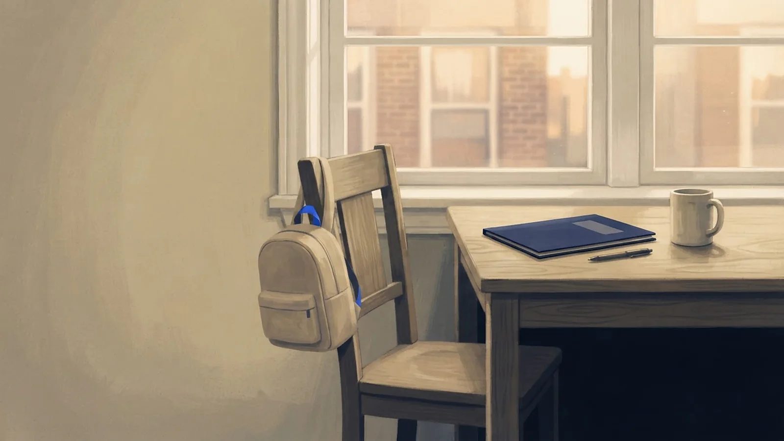 Illustration: a child's backpack on a kitchen chair beside a table with a closed navy folder, a pen and a mug in warm light.