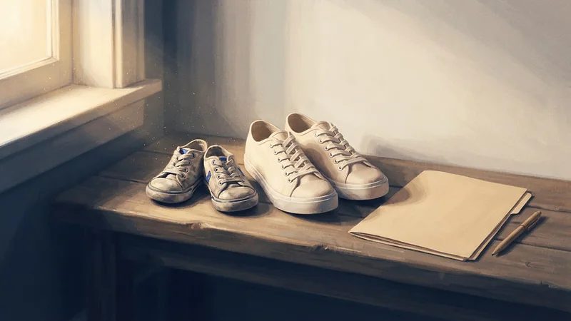 Illustration: a small pair of worn child's sneakers beside a larger new pair, a closed folder and a pen on a hallway bench.