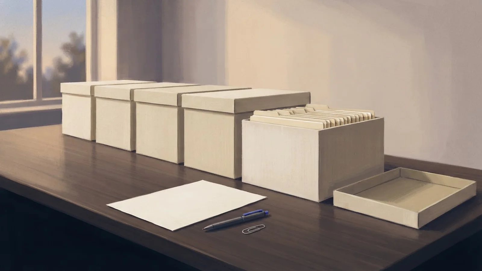 Illustration: lidded archive boxes, one open to rows of file folders, with a blank page, a pen and a paper clip on a table.