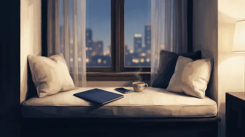 Illustration: a closed folder, a phone and a cup of tea on a cushioned window seat with sheer curtains at dusk.