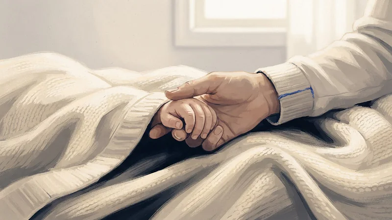 Illustration: an adult's hand gently holding a baby's tiny hand on a soft knitted blanket in warm window light.