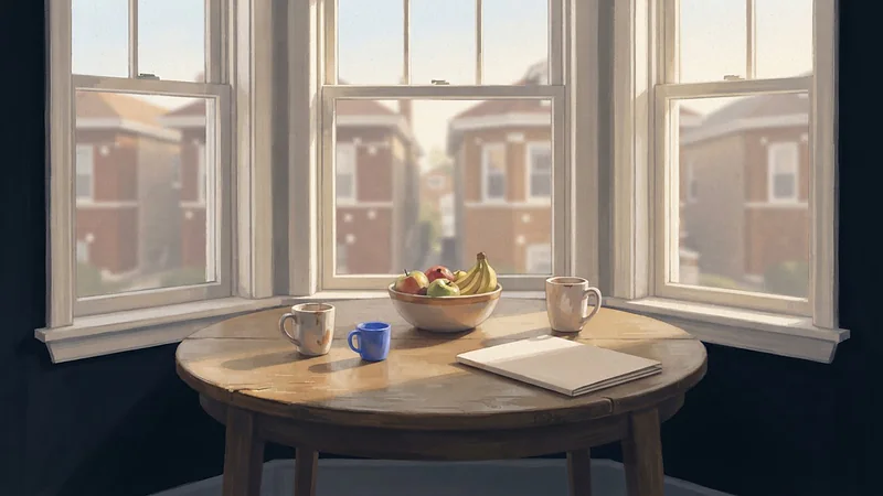 Ilustración: dos tazas de café, una taza infantil azul, un frutero y una carpeta cerrada en una mesa junto a un ventanal.