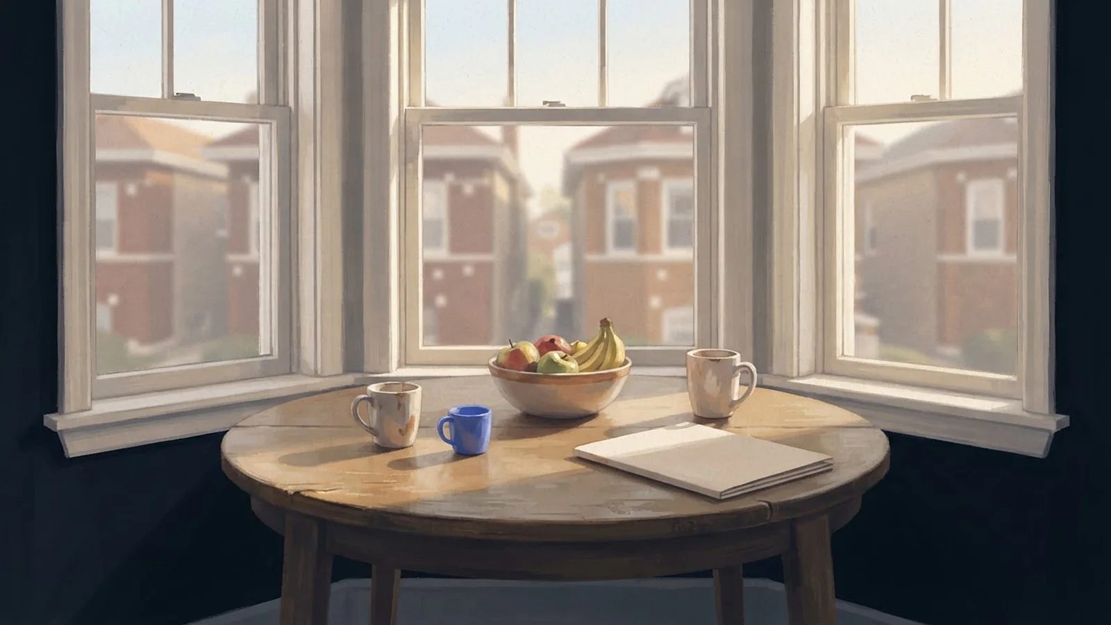 Illustration: two coffee mugs, a small child's cup, a bowl of fruit and a closed folder on a table in a bay window.