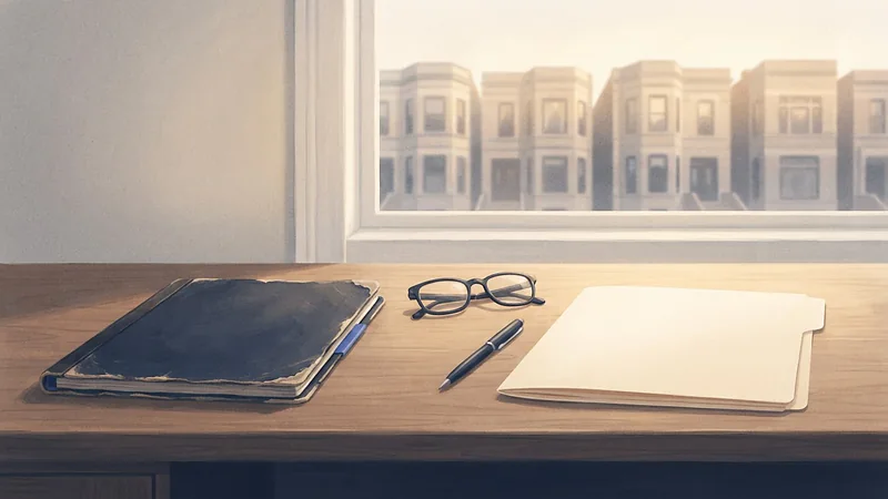 Illustration: a worn older folder beside a new blank folder, with reading glasses and a pen, on a desk by a window.