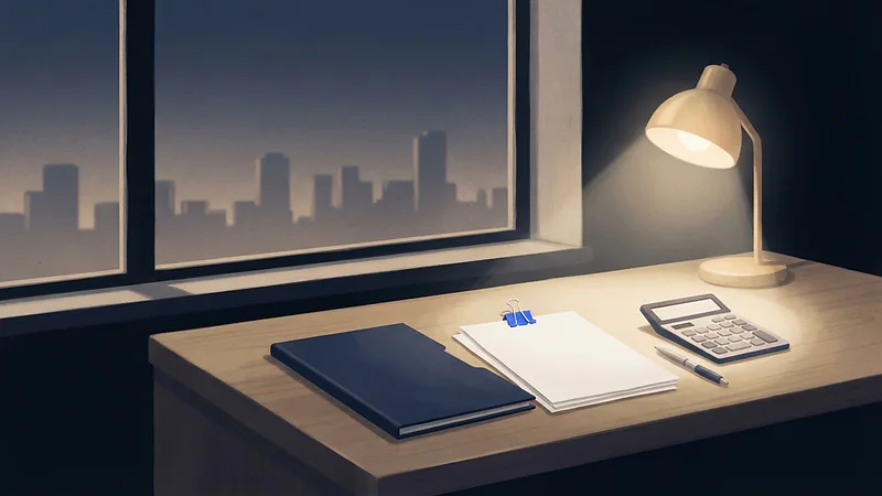 Illustration: blank statements held by a clip, a calculator, a closed folder and a pen under a desk lamp at dusk.