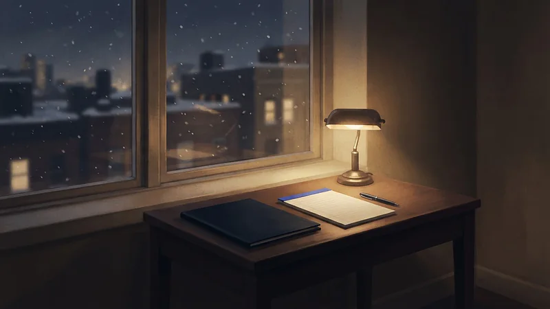 Ilustración: carpeta cerrada, bloc en blanco y pluma bajo una lámpara, junto a una ventana mientras nieva sobre los tejados.