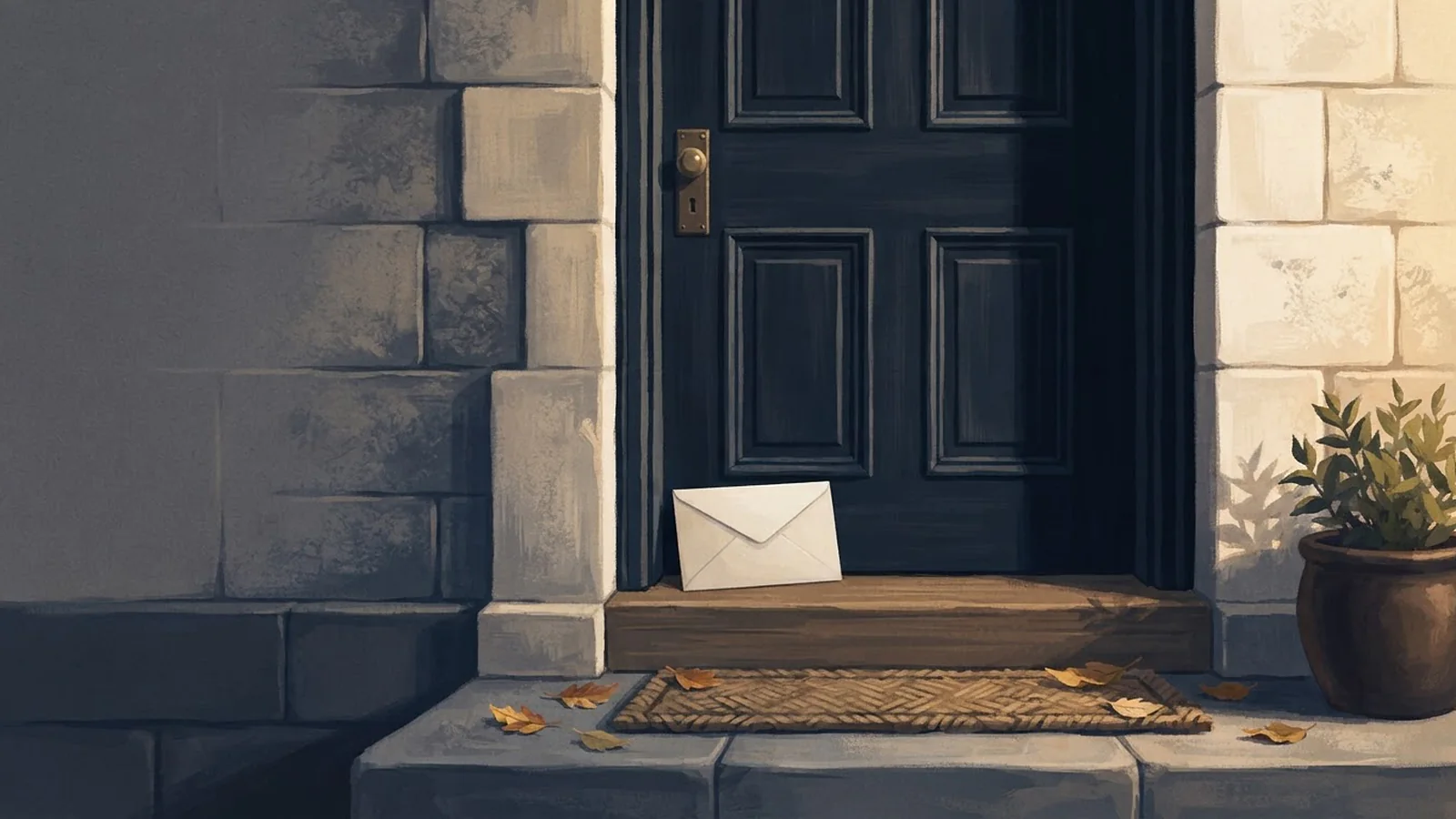 Illustration: a plain sealed envelope leaning against the closed door of a stone entry, above a doormat with fallen leaves.