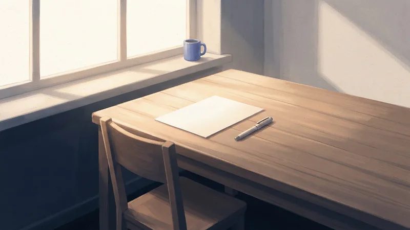 Illustration: a blank page and a capped pen on a wooden table facing an empty chair, in soft late-afternoon window light.