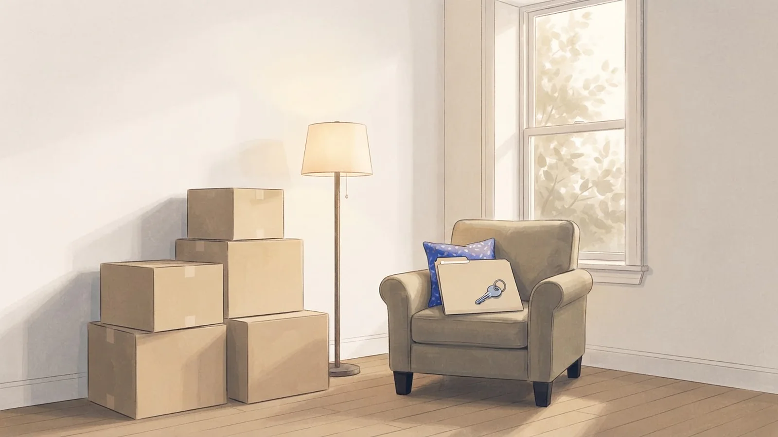 Illustration: closed moving boxes by a wall and an armchair holding a folder with a house key on top, in afternoon light.