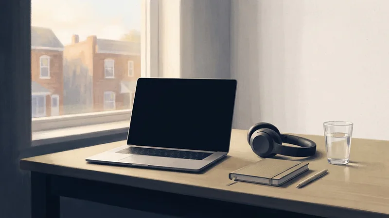 Illustration: an open laptop with a dark screen, headphones, a notebook, a pen and a glass of water on a kitchen table.