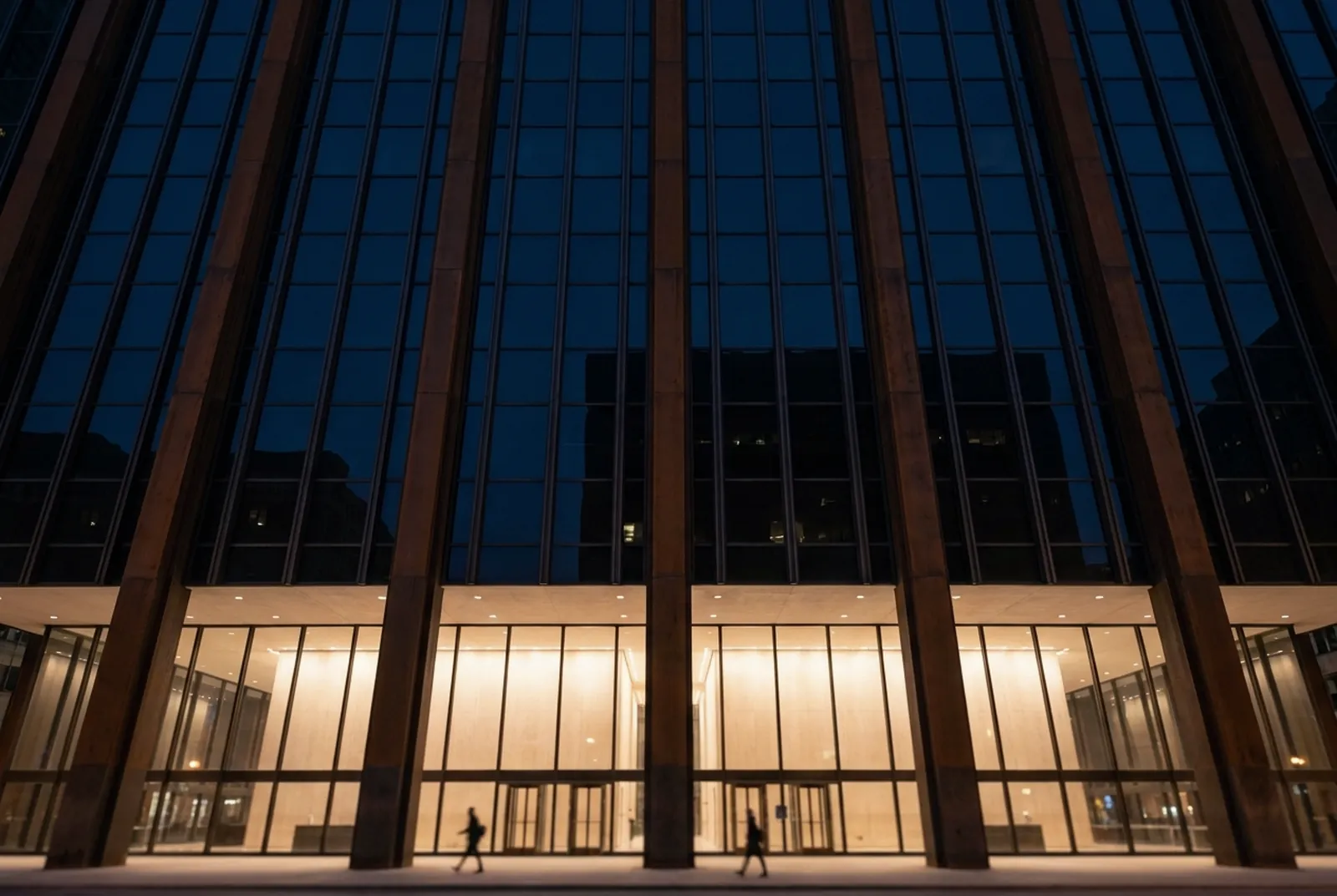 Illustration: weathered steel columns and dark glass of a modernist civic building in the Chicago Loop at dusk