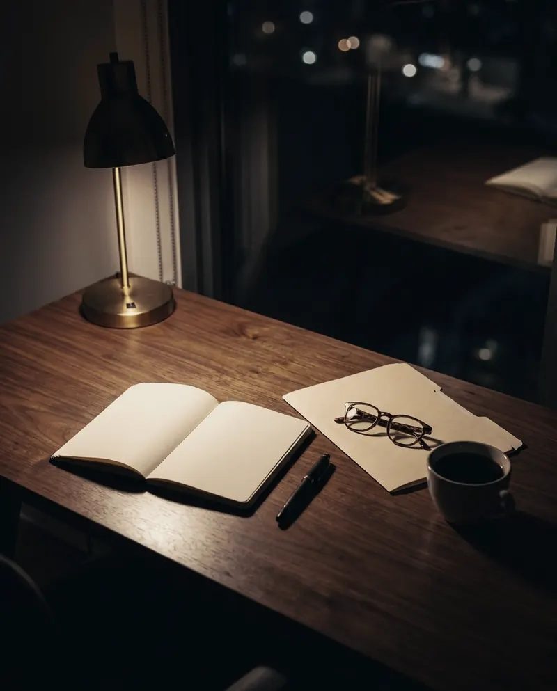 Illustration: a notebook, glasses, pen and coffee on a wooden desk beside a lamp at night