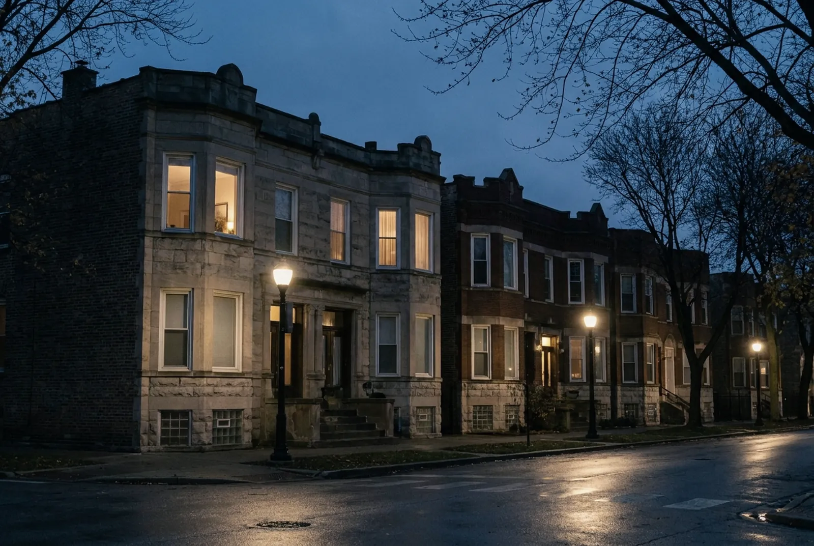 Illustration: greystone and brick two-flat homes on a quiet Chicago street at blue hour
