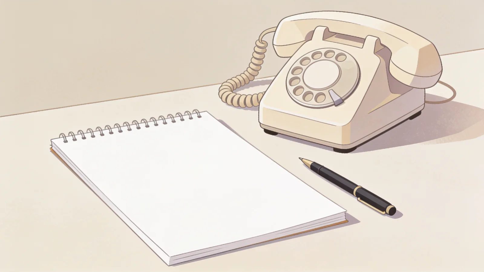 Illustration of a telephone beside a blank notepad and pen