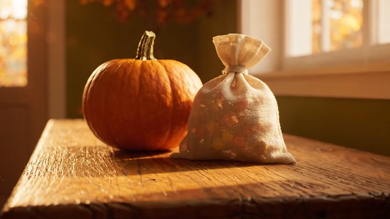 Illustration of an uncarved pumpkin and cloth candy bag on a table