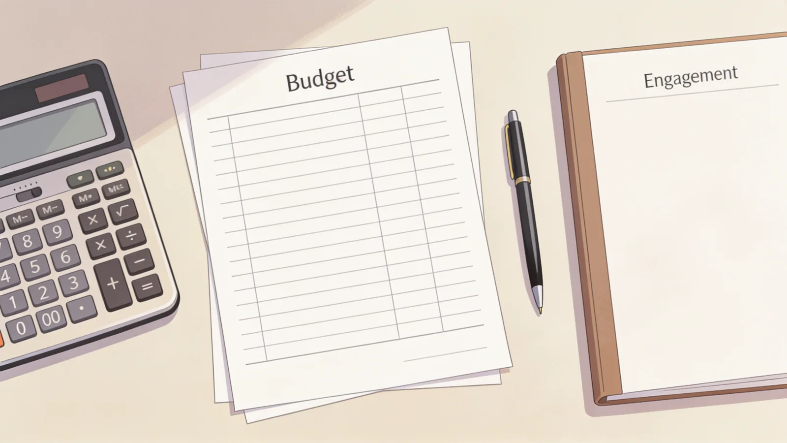 Ilustración de una calculadora, hoja de presupuesto y carpeta de contratación