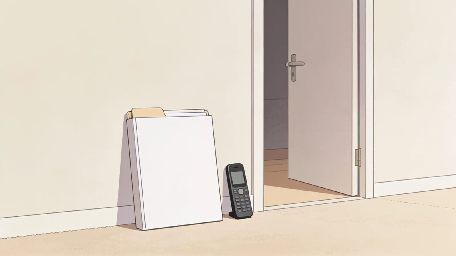 Illustration of a phone and blank document folder beside an open doorway