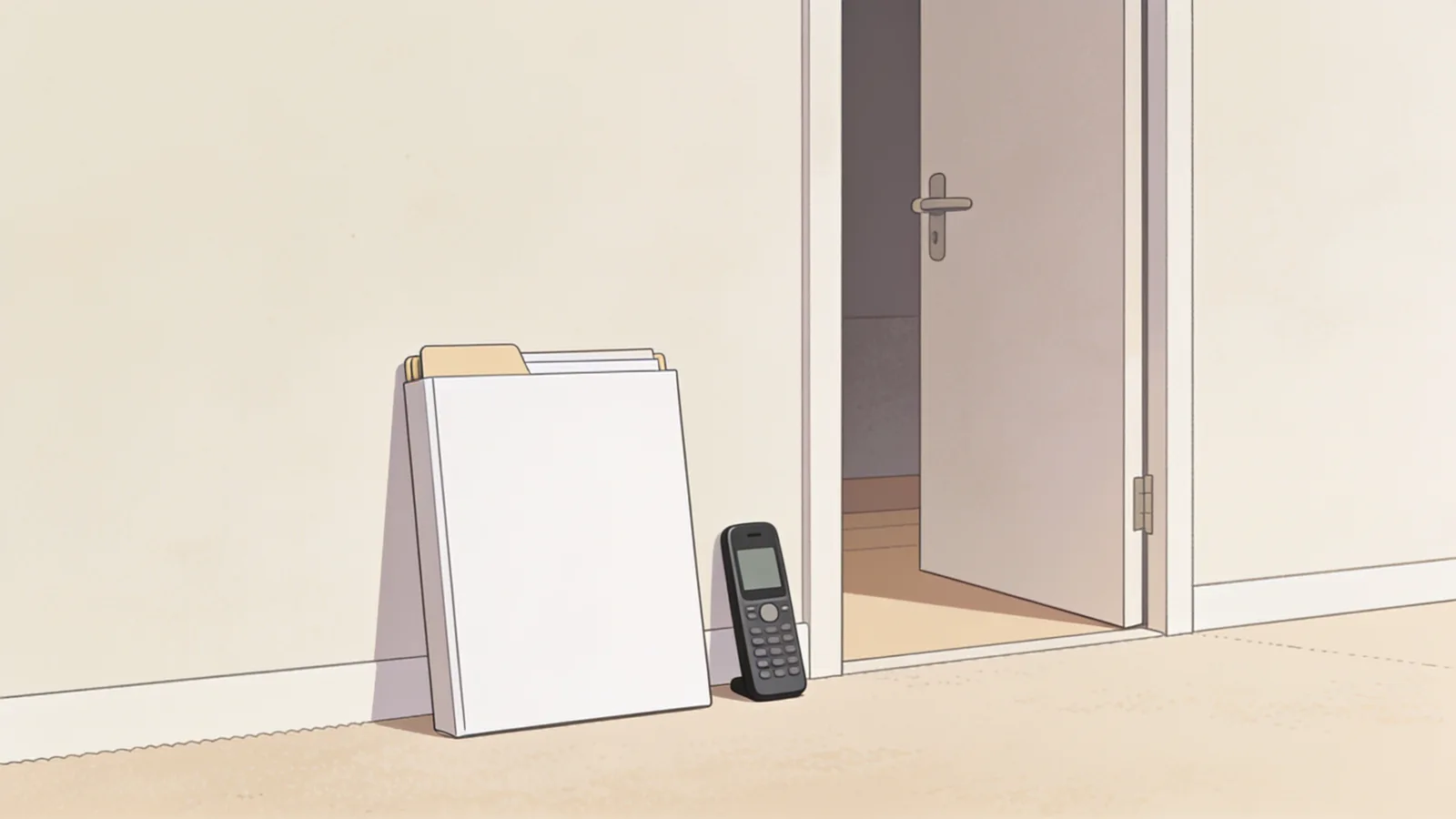 Illustration of a phone and blank document folder beside an open doorway