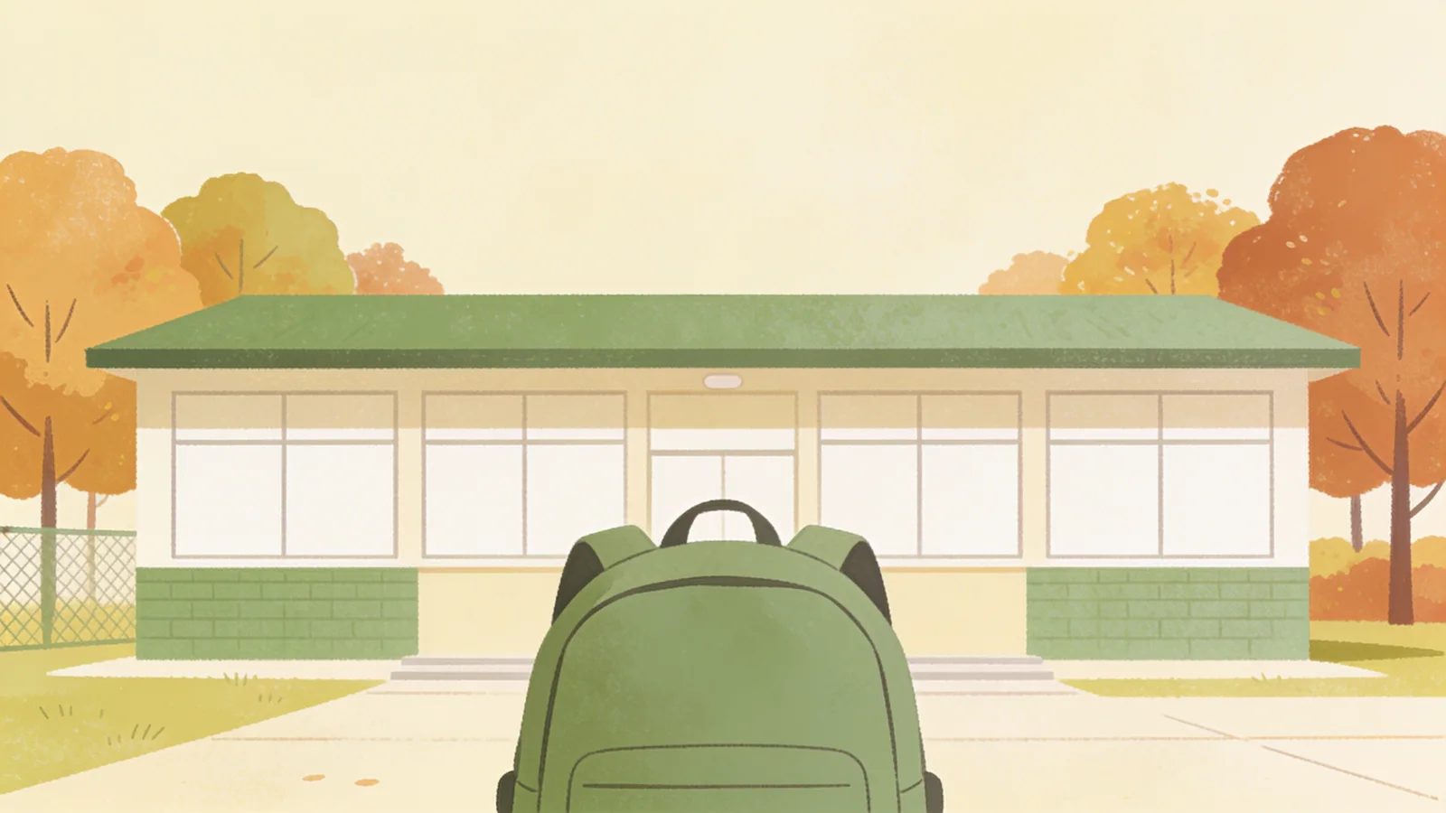Illustration of a plain backpack outside a school building with autumn trees