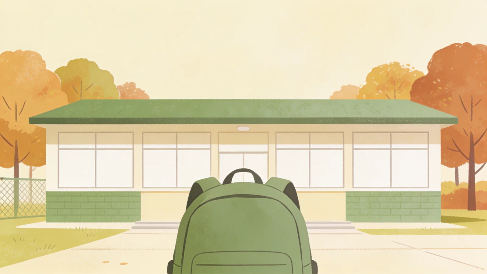 Illustration of a plain backpack outside a school building with autumn trees