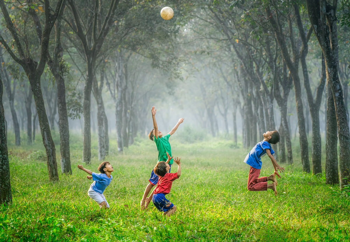 Children playing among trees.