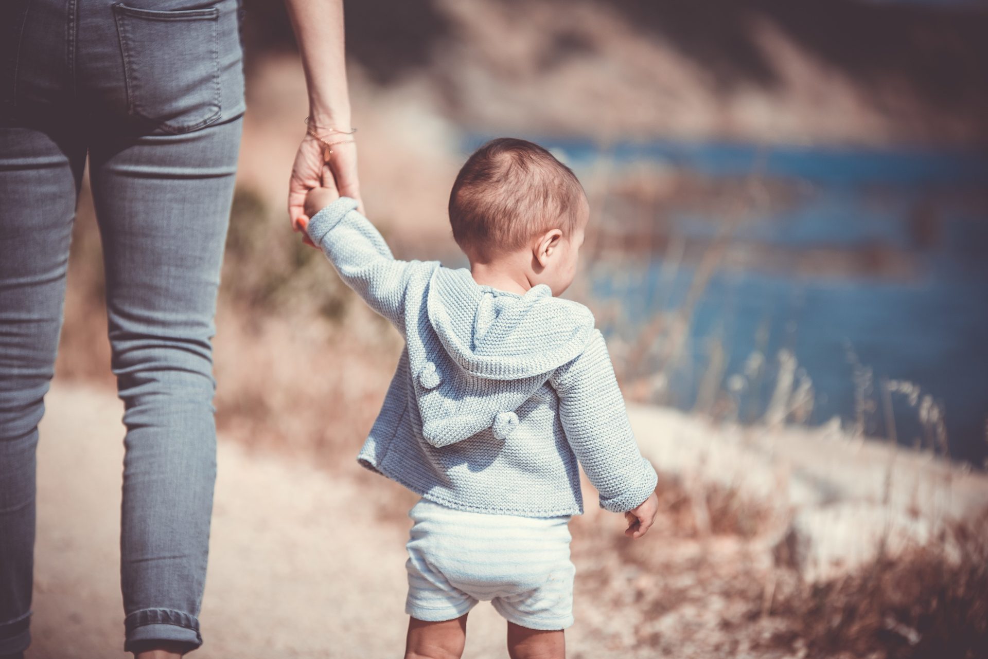 An adult holding a toddler's hand beside the water.