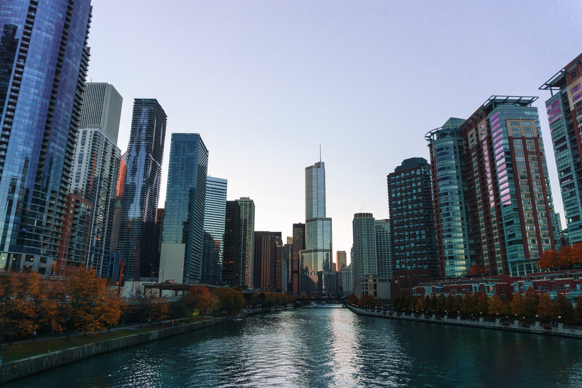 Chicago River lined with downtown skyscrapers