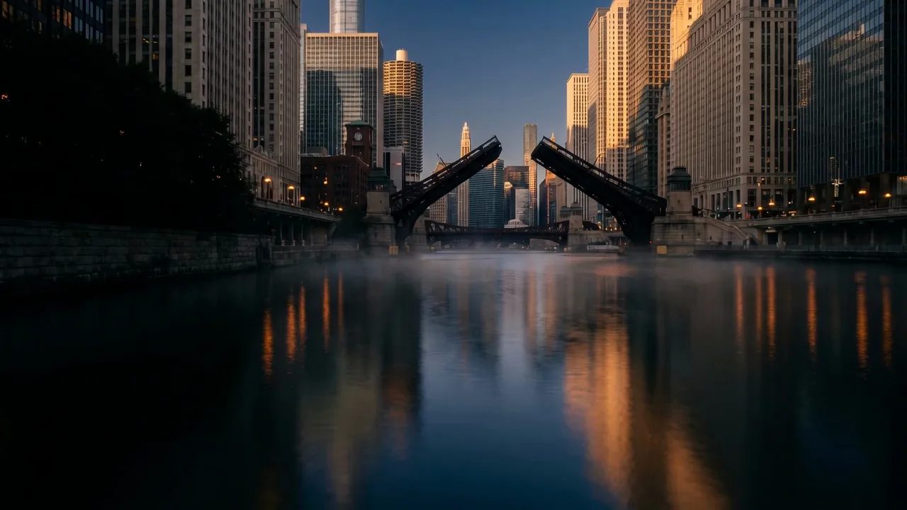 Silent illustrative film of the Chicago River at dusk, then a parent and children on the lakefront.
